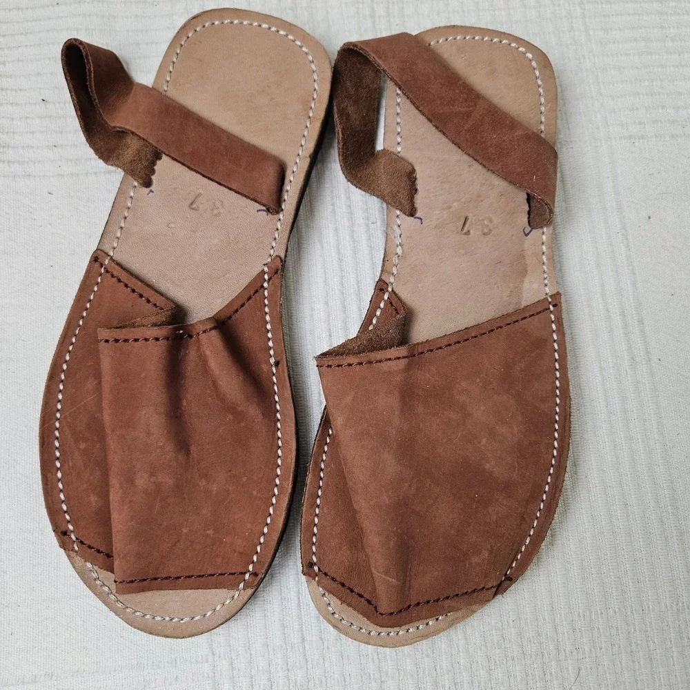 Handmade Slip On Leather Sandals Sz 37 6.5 7 Brown Shoes Slingback‎
